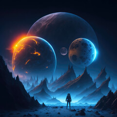  Sci-Fi Futuristic Fantasy Alien World Landspace, Sky With Stars and Moons, Deep Space, Science Fiction, Generative Ai