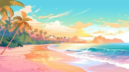 Fototapeta na wymiar The background has pastel colors depicting a tropical beach. (Illustration, Generative AI)