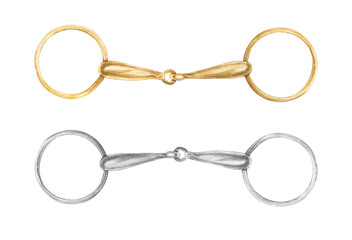 Watercolor hand drawn illustrations of golden and silver metal snaffles, isolated. Can be used as a print for clothes. Print on the theme of horses and equestrianism.