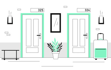 Hotel corridor with rooms line concept