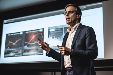 A CEO making an important business presentation to investors, showcasing the company's achievements and future growth plans. Generative AI