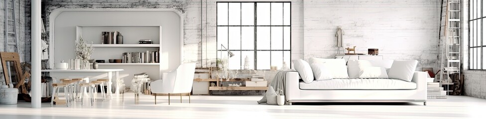 Modern white loft minimal interior design shabby chic 3d render