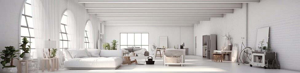 Fototapeta na wymiar Modern white loft minimal interior design shabby chic 3d render