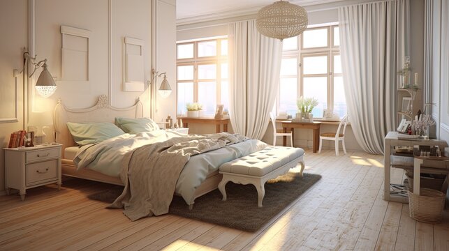 Modern bedroom interior design shabby chic 3d render