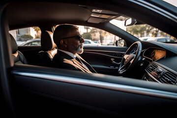 Naklejka premium A chauffeur driving a luxury car, providing a comfortable and safe transportation experience. Generative AI