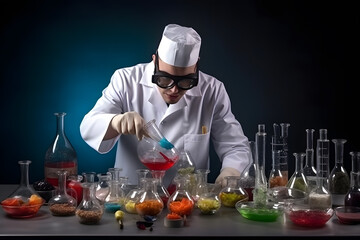 A chef in full culinary attire conducting a scientific experiment in a laboratory, mixing ingredients in beakers and test tubes to create innovative dishes. Generative AI