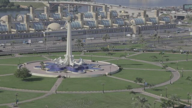 Sharjah Al Ittihad Square Park Monument in the early morning unedited video