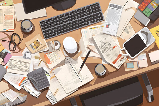 A cluttered desk with papers, documents, and gadgets, illustrating a busy workspace and the challenges of staying organized. Generative AI