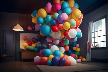 Fototapeta na wymiar A conceptual composition of a levitating cloud of vibrant balloons in studio, creating an ethereal and playful atmosphere. Generative AI