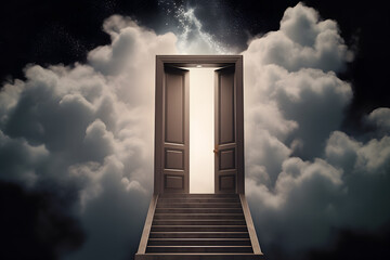 A conceptualimage of a surreal floating staircase leading to a door in the sky, creating a sense of mystery and adventure. Generative AI