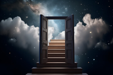 A conceptualimage of a surreal floating staircase leading to a door in the sky, creating a sense of mystery and adventure. Generative AI - obrazy, fototapety, plakaty
