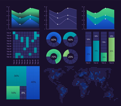 Scientific discoveries demonstration infographic chart design template set for dark theme. Visual data presentation. Bar graphs and circular diagrams collection. Myriad Variable Concept font used