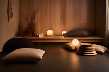 Zen-inspired meditation corner with floor cushions, natural materials, and soft lighting. Generative AI