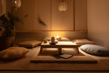 Zen-inspired meditation corner with floor cushions, natural materials, and soft lighting. Generative AI