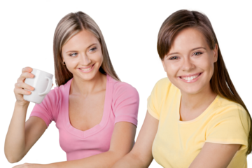 Portrait of Two Girlfriends , Sisters Having a Coffee