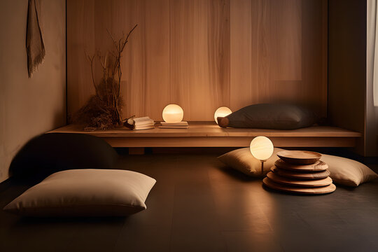 Zen-inspired meditation corner with floor cushions, natural materials, and soft lighting. Generative AI