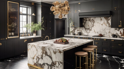 A chic modern kitchen that seamlessly blends bold design choices with functionality. Generative AI