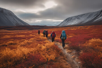 Hikers and nature explorers Walking in the mountains with a cold atmosphere Beautiful winter nature landscape with morning sun rays. Generative AI