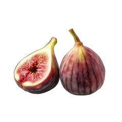Isolated fig next to a fig cut in half on a cutout PNG transparent background and white background. Generative AI