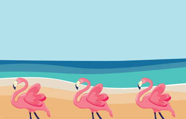 Fototapeta na wymiar Summer beach background with pink flamingos. Vector illustration of summer sea, sky, sand, flamingos. Banner background.