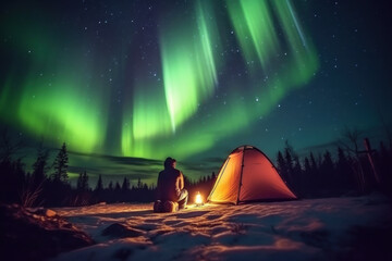 A man camps in the northern forests with a tent to view the beautiful green northern lights, mountains and a frozen ocean. winter at night. Generative AI.