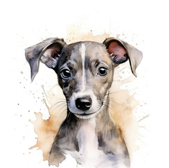 Beautiful whippet puppy, isolated on white background. Digital watercolour illustration - obrazy, fototapety, plakaty