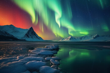 Naklejka premium northern lights beautiful green Mountains and frozen ocean, winter landscape at night. Travel to Norway. Generative AI