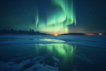 Naklejka premium northern lights beautiful green Mountains and frozen ocean, winter landscape at night. Travel to Norway. Generative AI