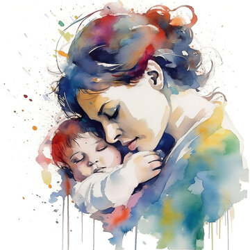 Watercolor Illustration of mother with her child. Concept of mothers day, mothers love, relationships between mother and child. Generative AI
