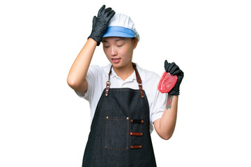 Young caucasian woman wearing an apron and serving fresh cut meat over isolated background has realized something and intending the solution