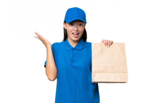 Young Asian woman taking a bag of takeaway food over isolated background with shocked facial expression