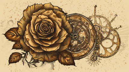 floral, vintage background, peony, flover, products, enginer, generative, ai, steampunk, background, clockwork, brooch, rose