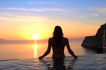 Fototapeta premium In the background of the sunset at dusk; a girl admires the scenery in the high -end hotel pool
