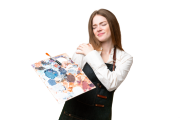Young artist woman holding a palette over isolated chroma key background suffering from pain in shoulder for having made an effort