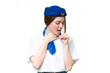 Airplane stewardess over isolated chroma key background is suffering with cough and feeling bad