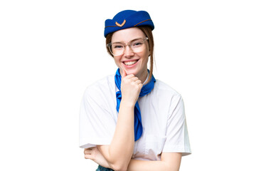 Airplane stewardess over isolated chroma key background with glasses and smiling