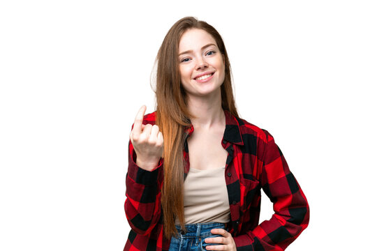 Young pretty woman over isolated chroma key background doing coming gesture