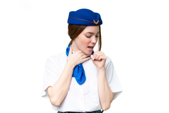 Airplane stewardess over isolated chroma key background is suffering with cough and feeling bad