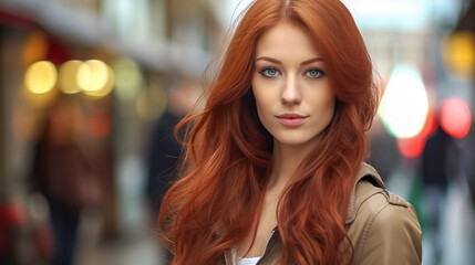 portrait of a pretty young redhead woman in the city, made with Generative AI