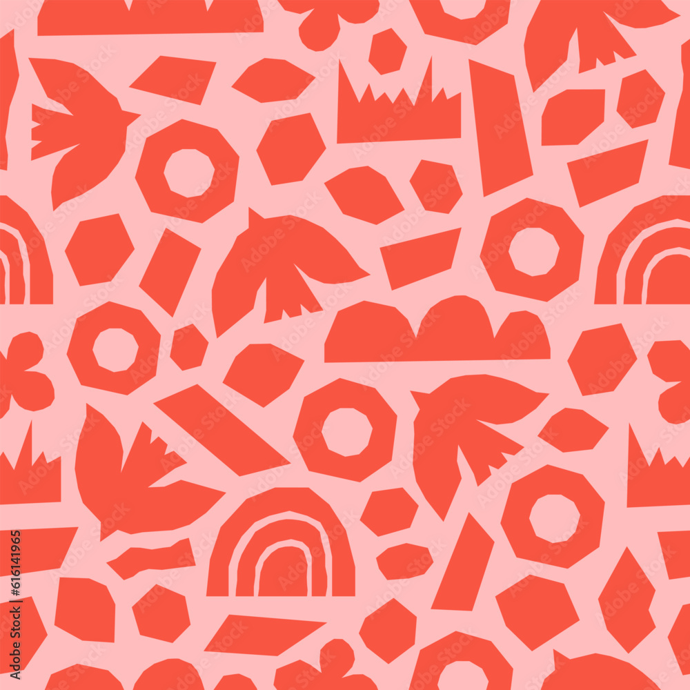 Poster Monochrome seamless pattern with geometric cutting doodles. Trendy random shapes on a pink background. Pink and red colors. Vector illustration