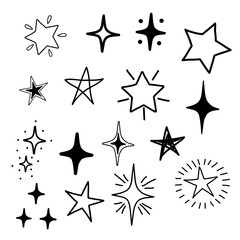 Set of doodle stars hand drawn on a white background