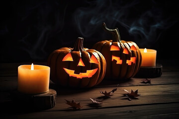Halloween or Thanksgiving background, with fresh autumn pumpkins that are burned on the brown desktop