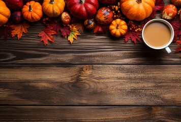 Autumn composition with pumpkins, fall leaves, coffee cup on old wooden table background