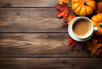 Autumn composition with pumpkins, fall leaves, coffee cup on old wooden table background
