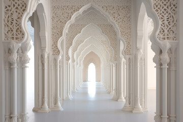 Fototapeta na wymiar interior of a beautiful islamic mosque with ornate archway. Generative ai