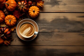 Autumn composition with pumpkins, fall leaves, coffee cup on old wooden table background