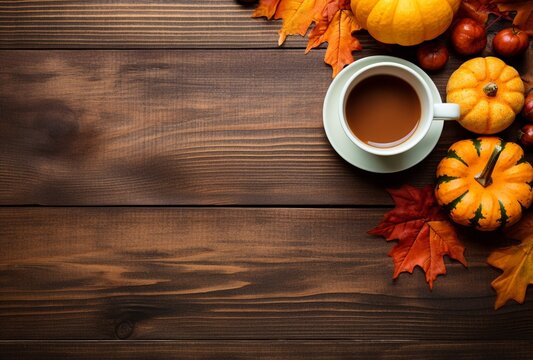 Autumn composition with pumpkins, fall leaves, coffee cup on old wooden table background