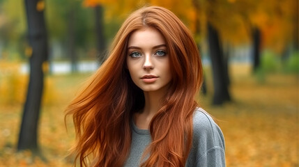 Fototapeta premium portrait of a beautiful redhaired woman in the park, banner made with Generative AI