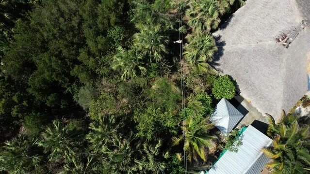A tourist on a zipline in vertical view on Punta Paitilla beach