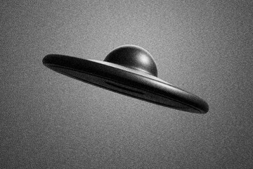 Black and white photo of UFO with noise in grunge style. Illustration of the concept of unexplained unidentified anomalous phenomena © Dragon Claws